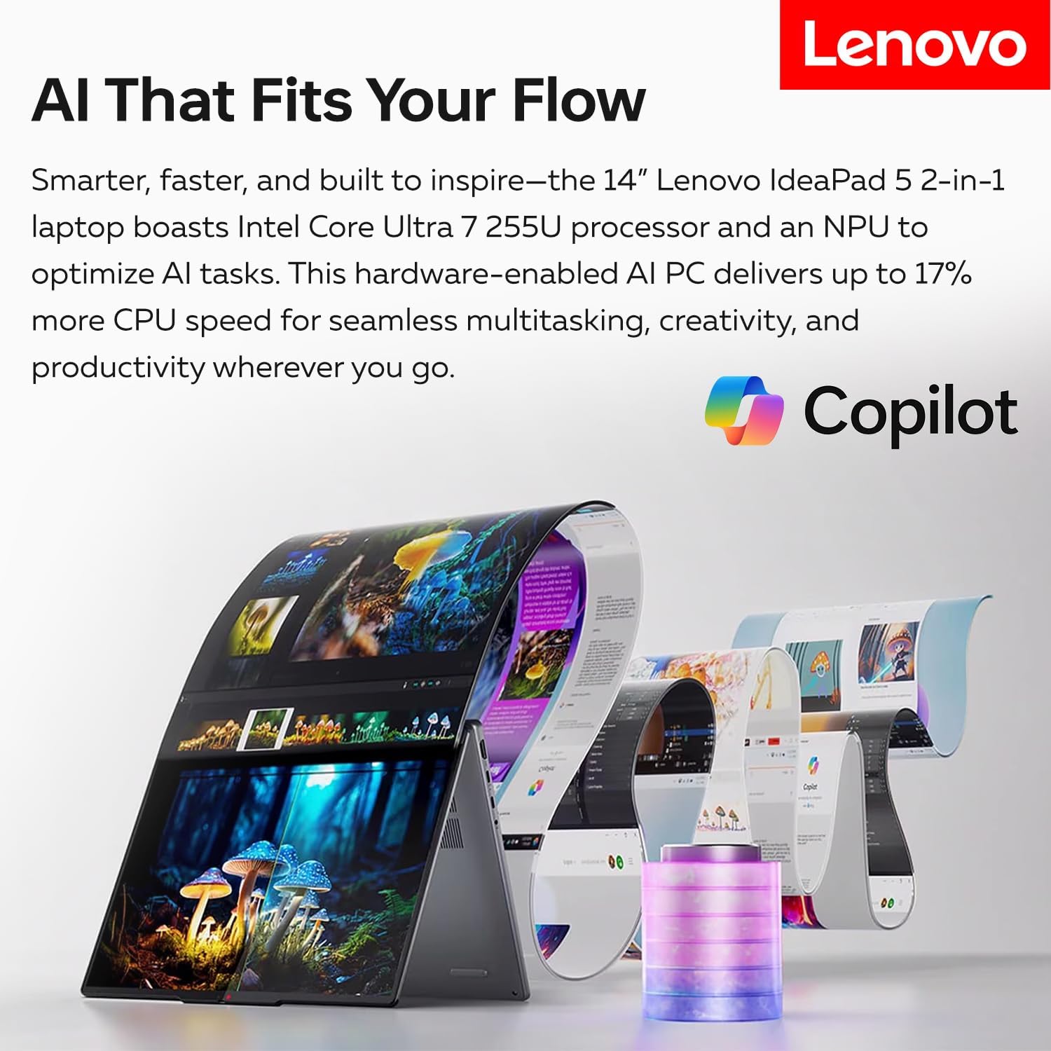 Lenovo IdeaPad 5 AI-Powered Premium 2-in-1 Laptop, 14' FHD+ Touchscreen, Ultra 7 255U, 16GB Onboard RAM, 1TB SSD, Wi-Fi 6, Win11 Pro, Backlit, Thin & Quiet Design, Bundle with PCO Laptop Cooler