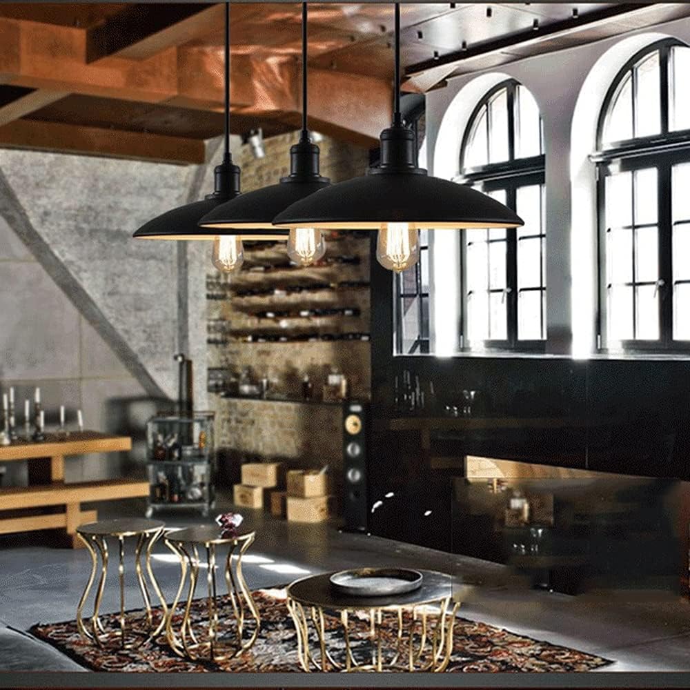 Retro Pendant Light, Black Metal Lamp Body + Frisbee Shape Wrought Iron Lampshade Hanging Lights, E27 Lighting Fixtures for Farmhouse, Dining Room, Bathroom