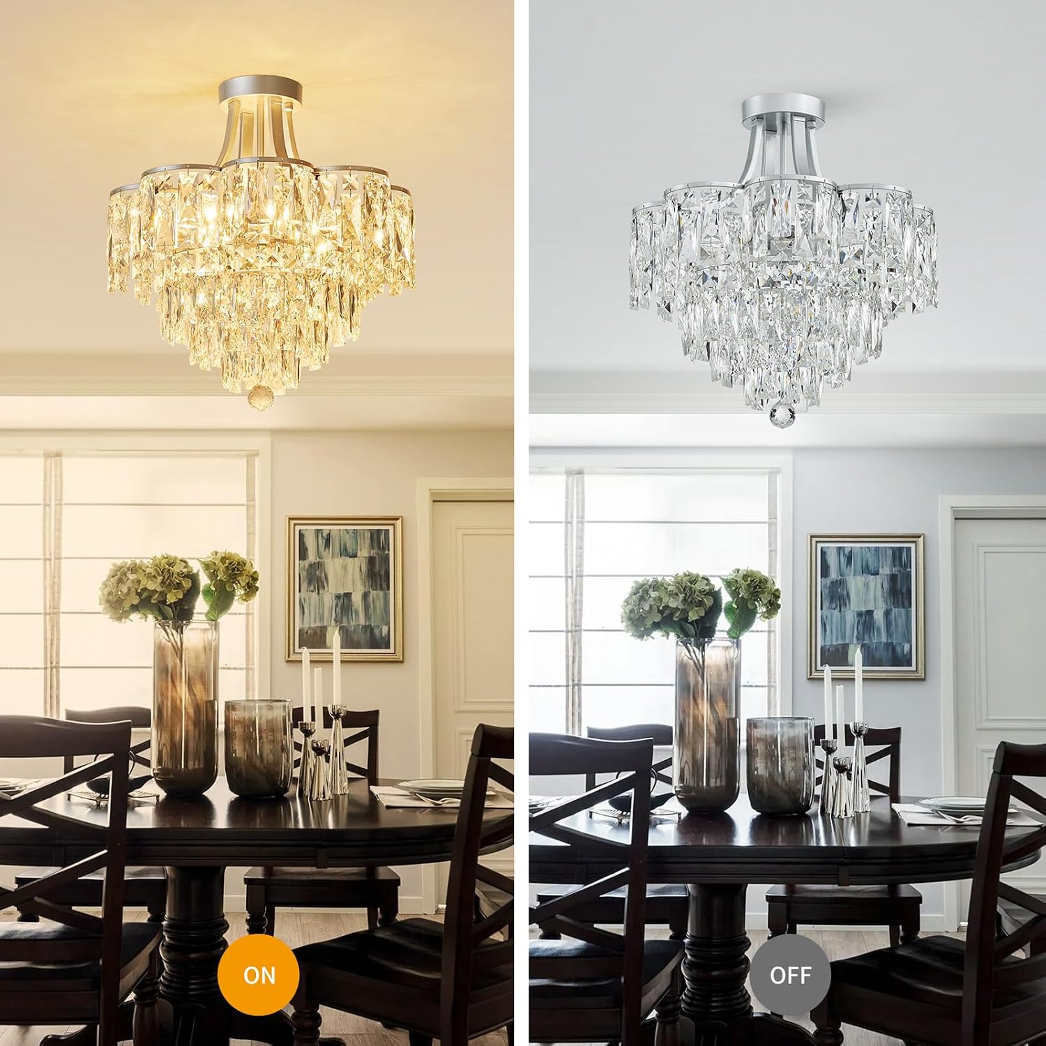 WUZUPS Crystal Chandelier Semi-Flushmount Ceiling Light Modern Lighting Fixture for Bedroom Hallway Entry Kitchen Bathroom, H 19.3' x W 18.3', E12 Base, Silver