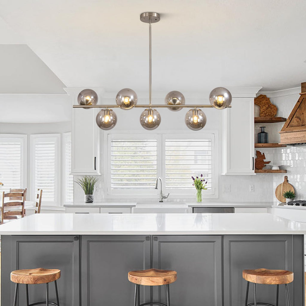 KCO Lighting MCM Brushed Nickel Linear Sputnik Chandeliers for Dining Room | 31.5' Rod for Sloped Ceiling, 7W 3000K E26 Bulb Included, Smoke Gray Glass Globe Pendant Light for Kitchen Island Living Room