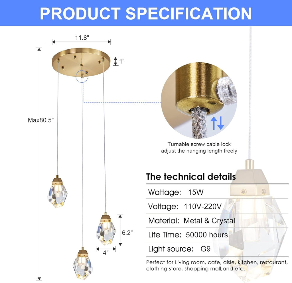 3 Lights Crystal Pendant Light Modern Cluster Chandelier - Dimmable LED Pendant Light Fixture with Brass Teardrop Design - Stylish Lighting for Kitchen Island, Dining Room, Hallway, Bathroom