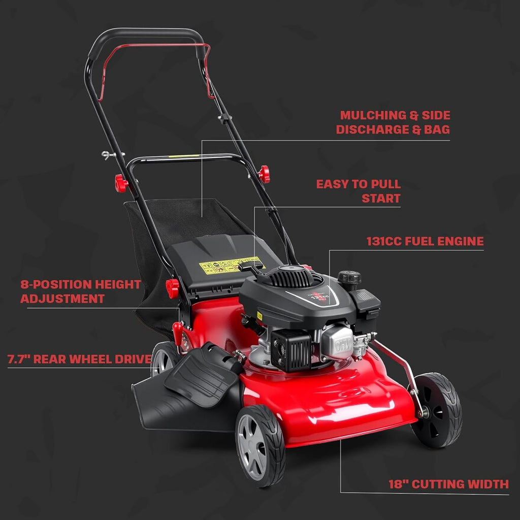 Rodiuiu 3 in 1 Gas Lawn Mower Self Propelled,131 OHV Engine with Air Cooling, 20' Steel Deck, 8-Level Height Adjustment, 50L Grass Tank, Foldable Design (173CC)