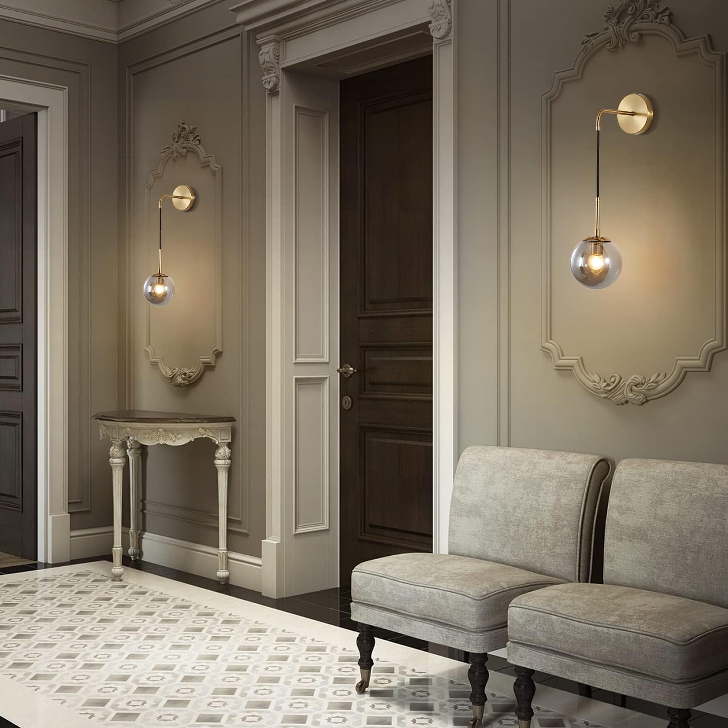 BOKT Mid Century Modern Wall Sconce Set of Two Gold Wall Sconce Light Smoke Gray Glass Round Wall Lighting Fixture Set of 2 Brushed Brass Minimalist Adjustable Bar Wall Lamp (Gold+Smoky Grey)