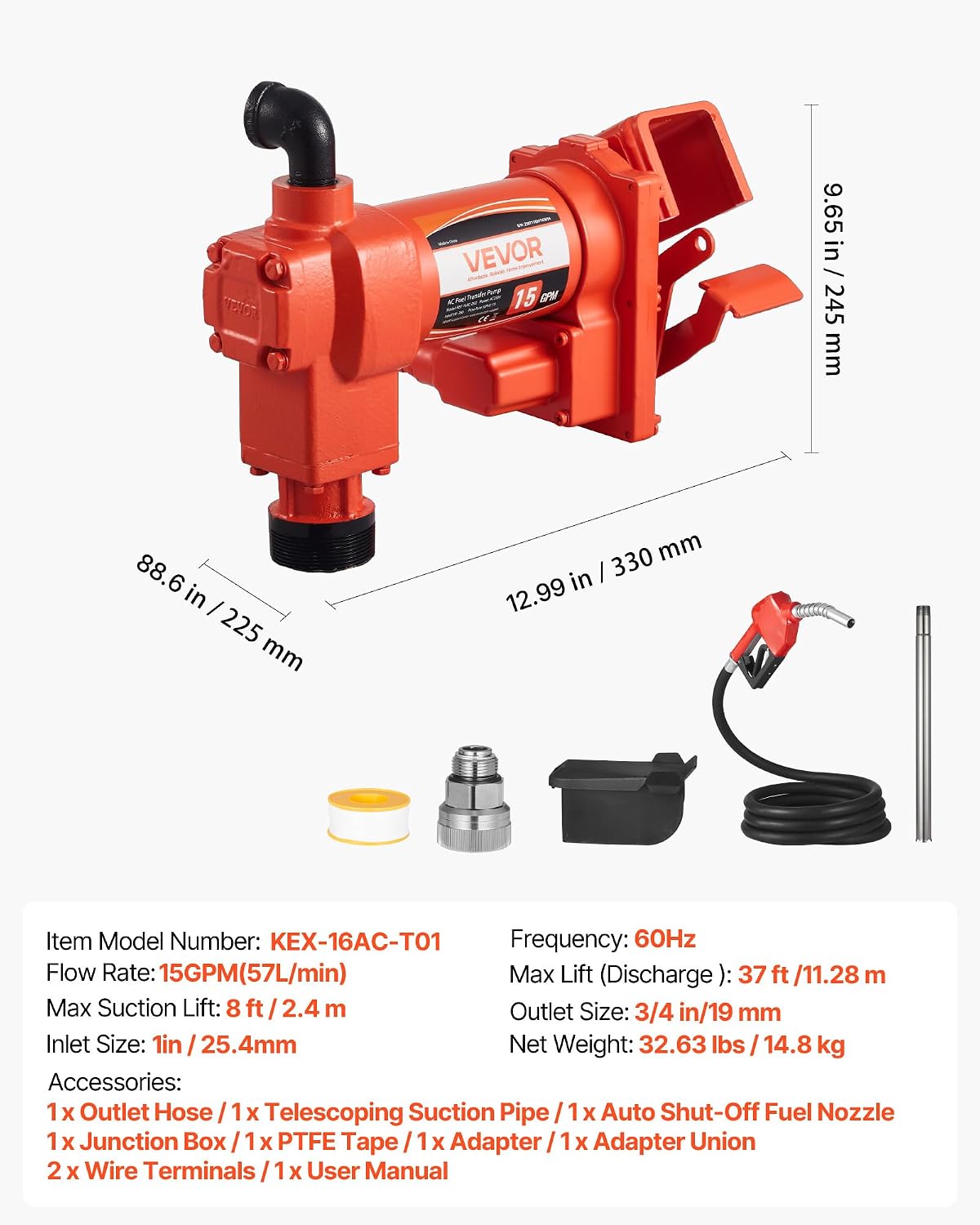 VEVOR Fuel Transfer Pump 110V, 15 GPM 57 L/min, AC Electric Oil Transfer Pump, with Auto Shut-Off Fuel Nozzle & Discharge Hose, High Flow Kit for Gasoline, Diesel, Kerosene, Biodiesel, Ethanol Blends