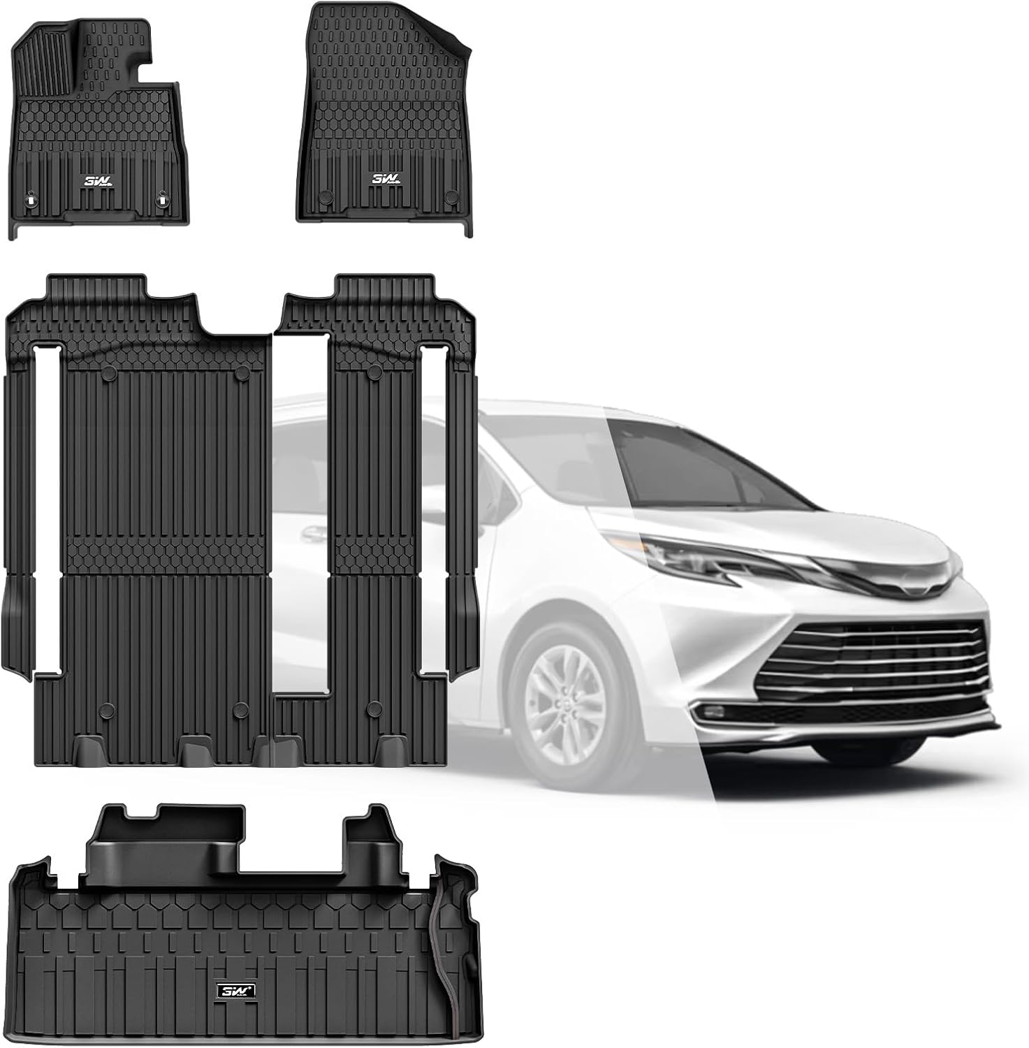 3W Floor Mats & Trunk Mat for Toyota Sienna 2021-2026 LE/XLE(Only for 8 Seat), TPE All Weather Custom Fit Floor Liner for Sienna 1st, 2nd and 3rd Row and Cargo Mat, Black