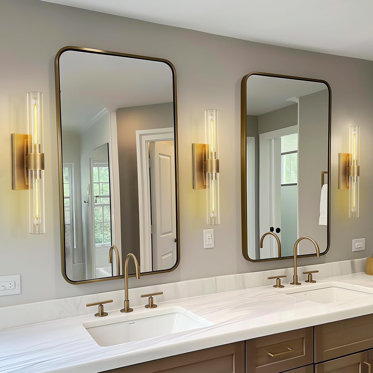 Brass Bathroom Vanity Wall Sconces, Glass Tube Wall Sconces, 24 Inch Horizontal or Vertical Linear Wall Sconces,Gold Vanity Light, Bathroom Wall Sconce, E26 Bulb Included