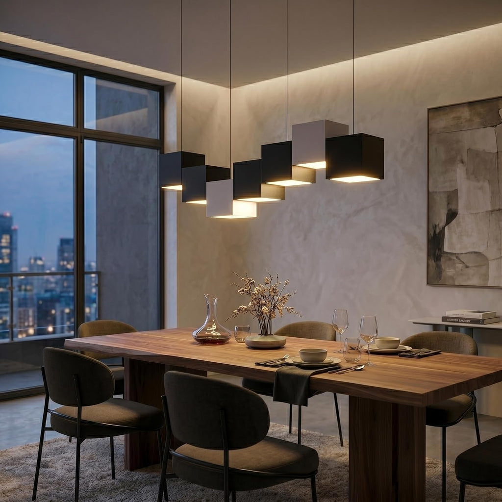 Morden Black and White Chandeliers for Dining Room Linear Chandelier Industrial Kitchen Island Lighting Square Ceiling Hanging Pendant Light for Living Room Bar CounterAbove Tea Room(7 Head)