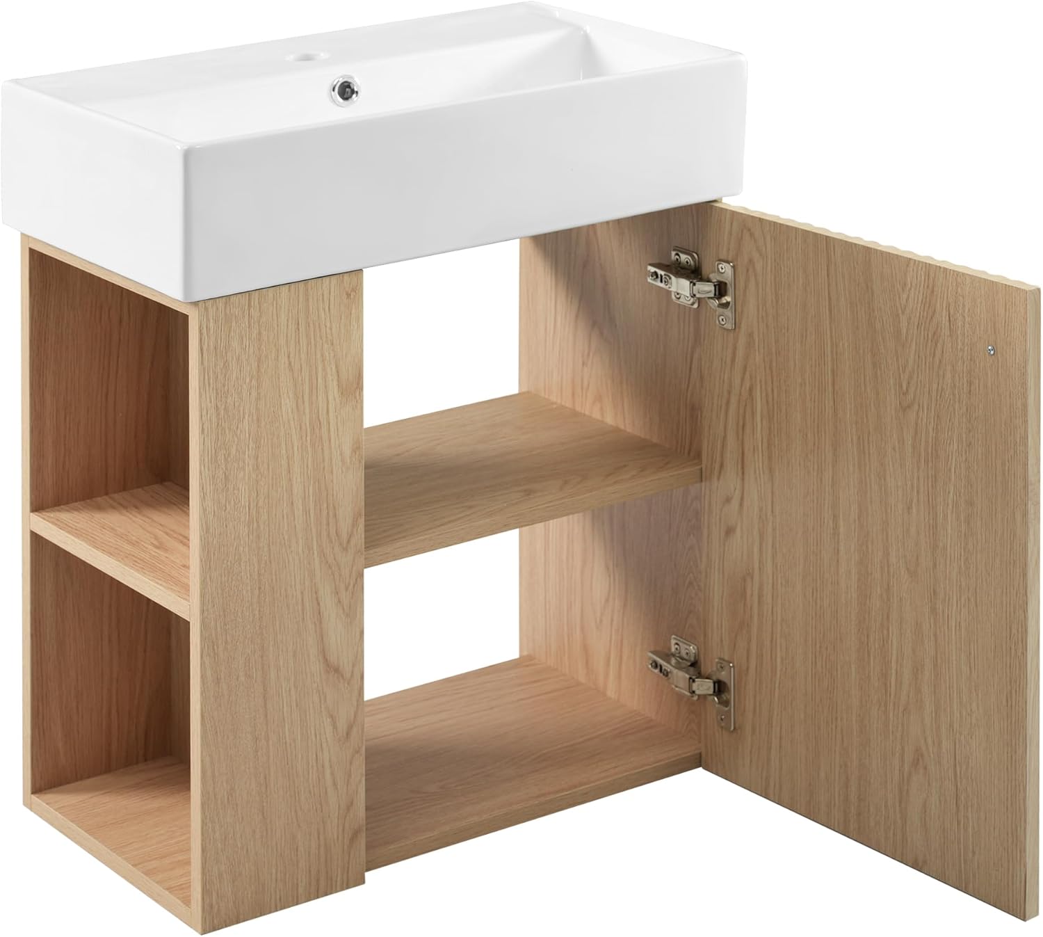 21.6-inch Bathroom Vanity with Sink Combo, Wall-Mounted Single Storage Cabinet with One Cabinet & Left 2-Tier Shelves, Wooden Vanity with Ceramic Basin for Bathroom, Wood