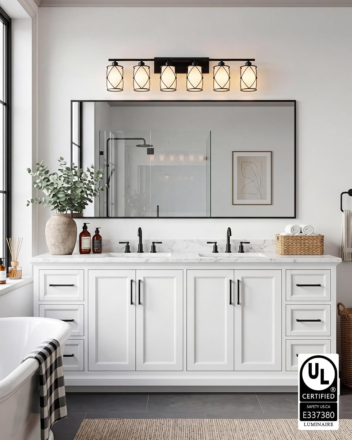 6-Light Matte Black Bathroom Light Fixtures Over Mirror, 42' UL-Listed Modern Farmhouse Wall Sconce Lights with Milk White Frosted Glass and Metal Cage for Bath, Hardwire E26, CH9176BKW-6W