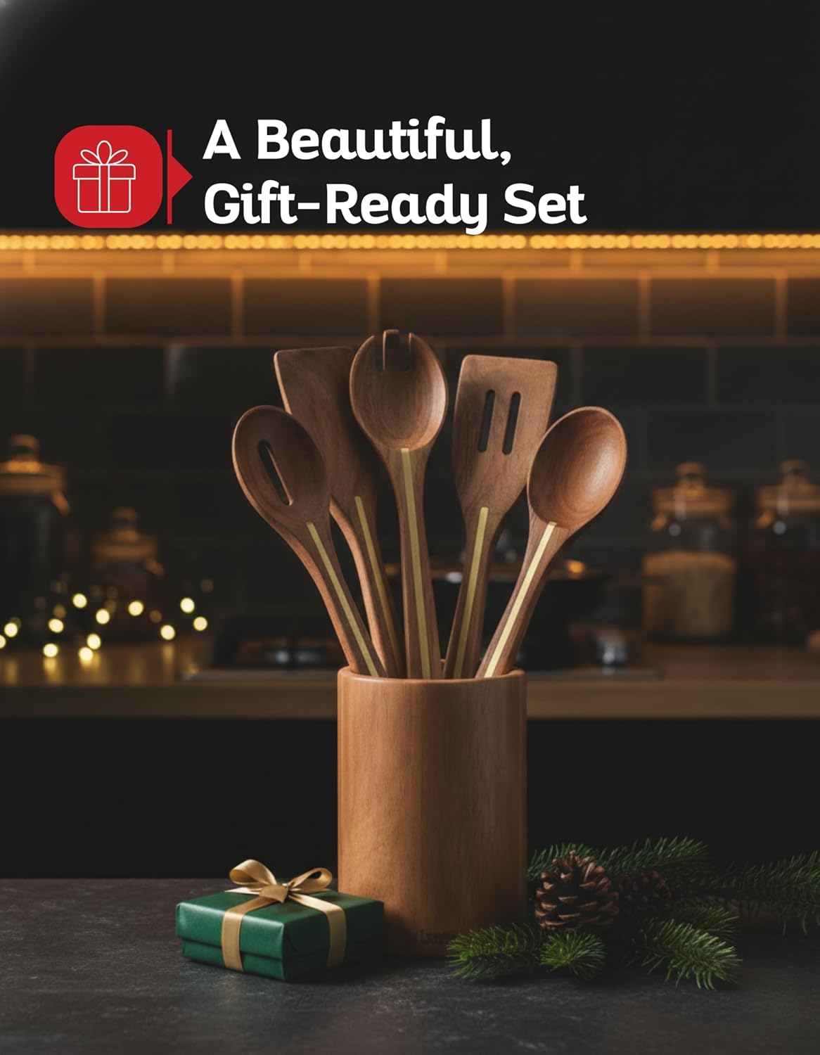 Acacia Utensil Set of 5 with Holder – Premium Wooden Cooking Utensils, Eco Friendly Acacia Wood Spatula & Spoon Set, Nonstick Safe Kitchen Tools