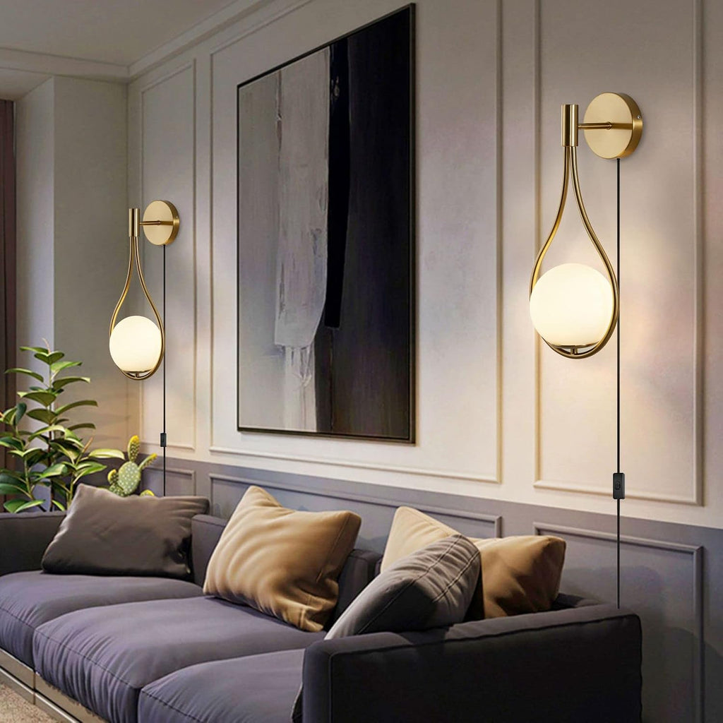 BOKT Modern Glass Wall Lamp Gold Wall Mounted Sconces,Mid-Century Bedroom Bedsides Water Drop Wall Light Home Decoration (Plug in-2Pack)…