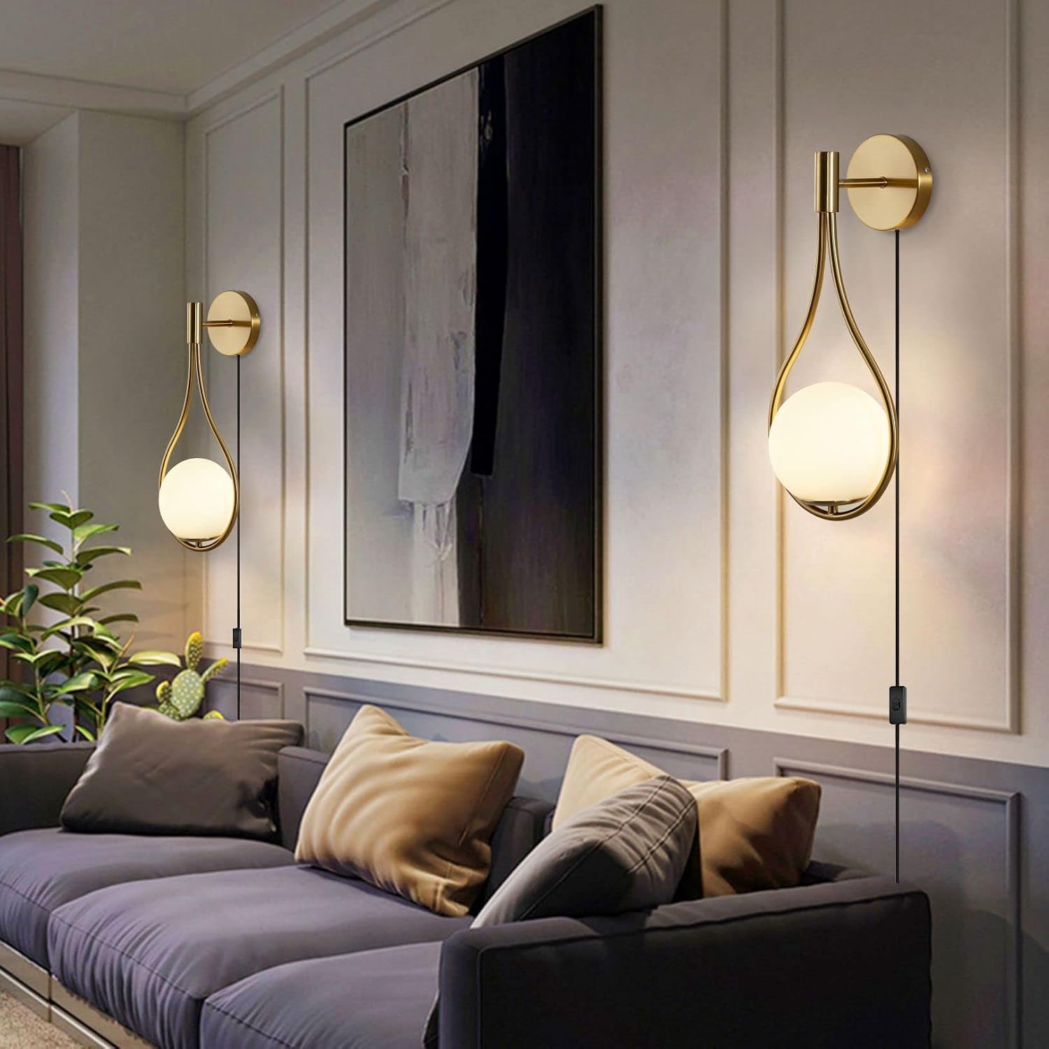 BOKT Modern Glass Wall Lamp Gold Wall Mounted Sconces,Mid-Century Bedroom Bedsides Water Drop Wall Light Home Decoration (Plug in-2Pack)…