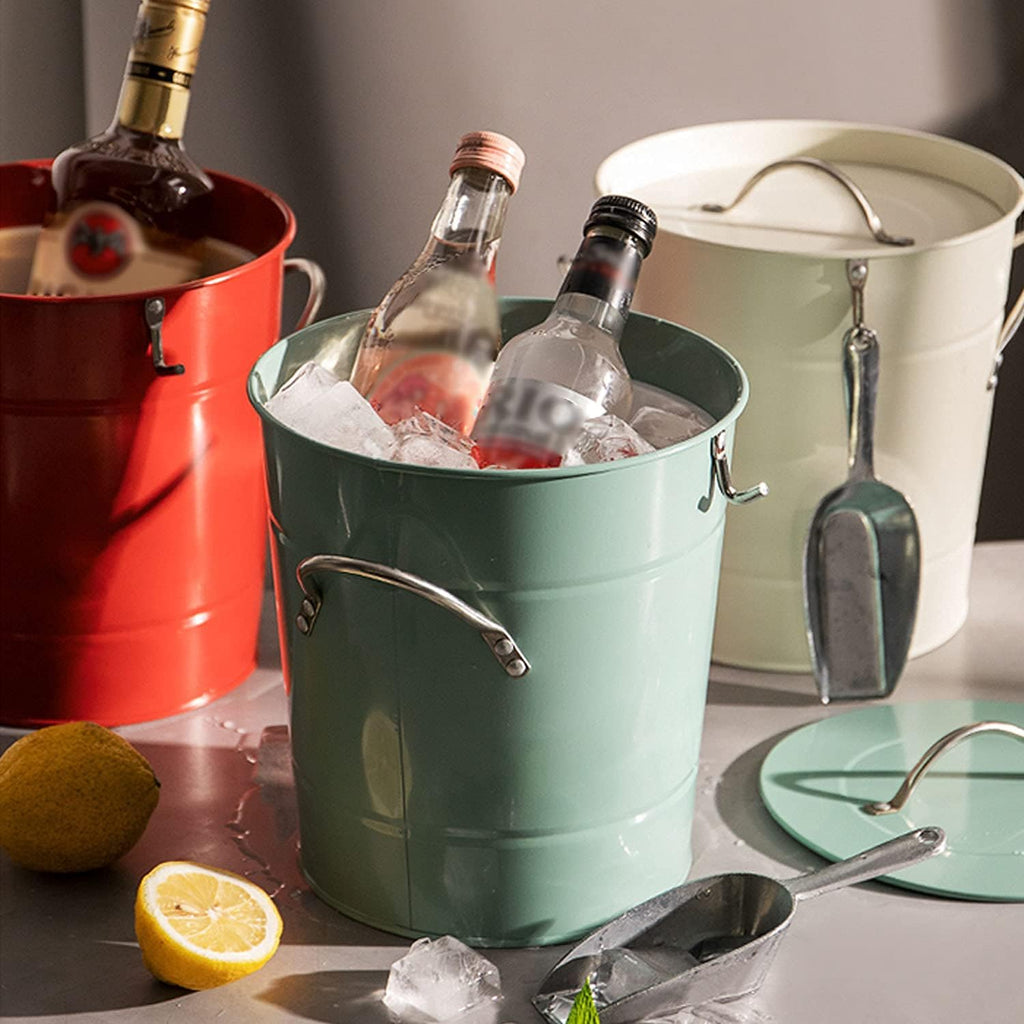 Ice Bucket, Double Wall Ice Buckets, Beverage Cooler Bucket with Scoop & Lid - 4.5 Liter Container - Rustic Vintage Farmhouse Storage Ice Bucket