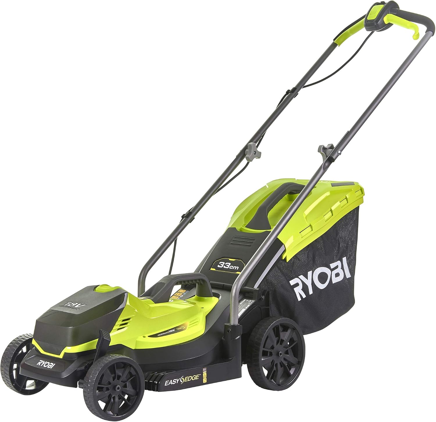 Ryobi 5133004306 RLM18X33B40 Lawn Mower (Width 33 cm, Adjustable Cutting Height, with 35 L Bag and Mulch Wedge, with Battery)