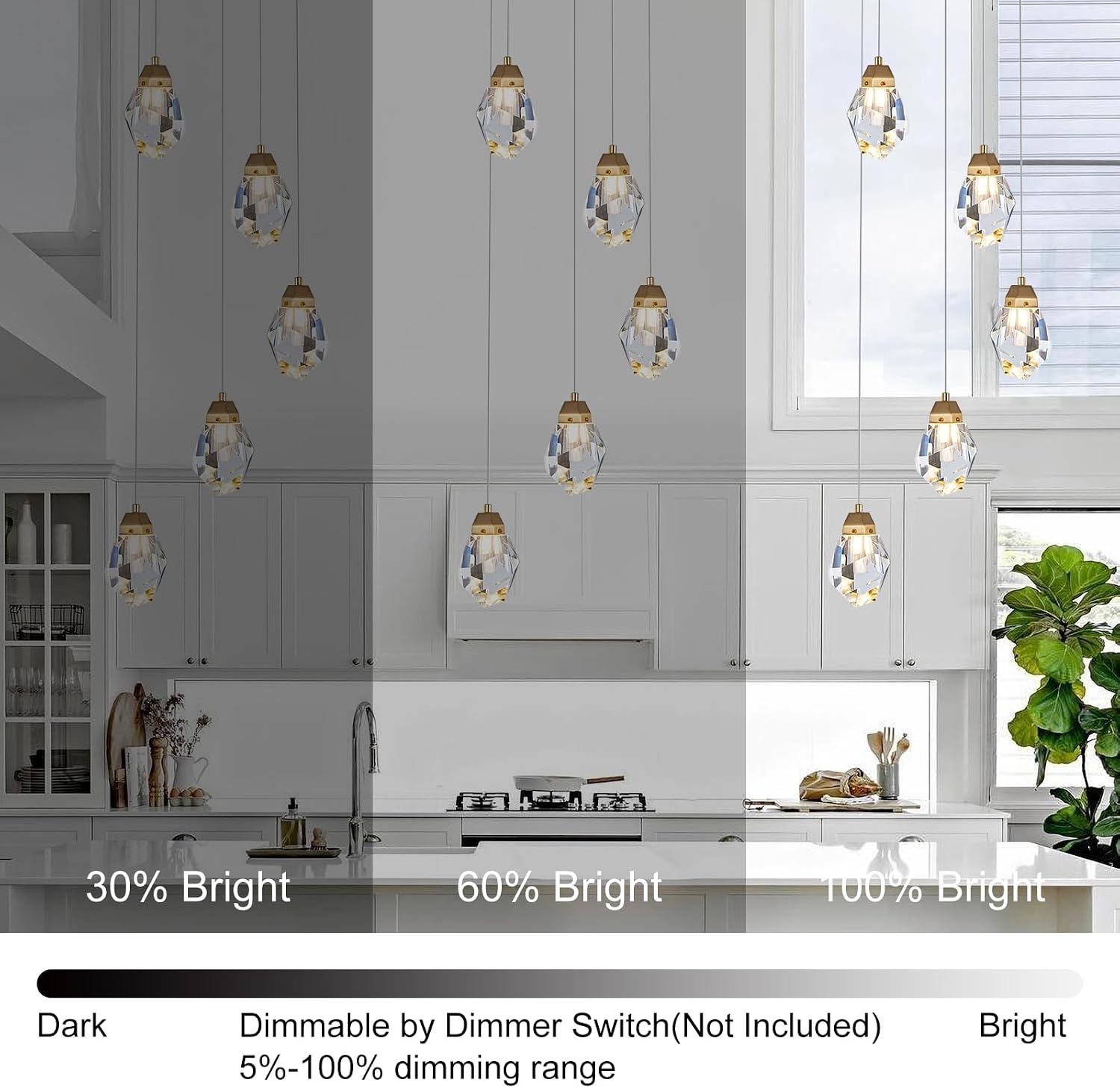 Dimmable Brass Gold Crystal Pendant Light - Modern 5-Light Diamond Chandelier for Kitchen Island, Dining Room, Hallway, and Bathroom