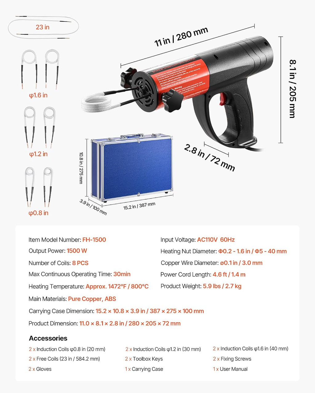 VEVOR Induction Heater Bolt Removal, 1500W 110V Magnetic Induction Heater Kit, Handheld Nut Buster Tool, Mini Heating Machine for Rusty Screw Removing, Car Garage Repairing Tools with 8 Coil and Box