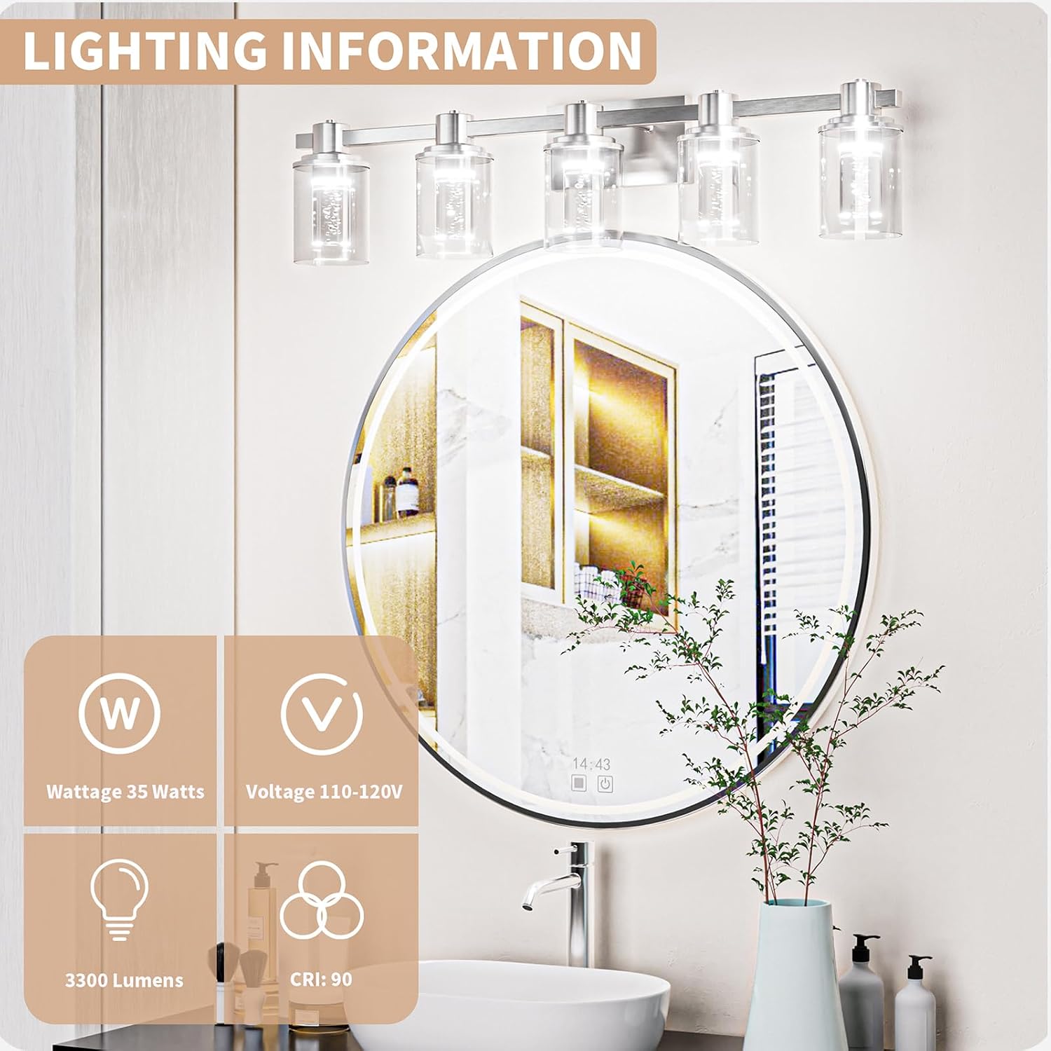 Quntis Brush Nickle Bathroom Lighting Fixtures with 5 Color Mode, 5-Light Dimmable Modern Bathroom Vanity Light Over Mirror, 35 Watt Eye Protection LED Wall Lamp 33 Inch (UL Certified, Bulbs Included)