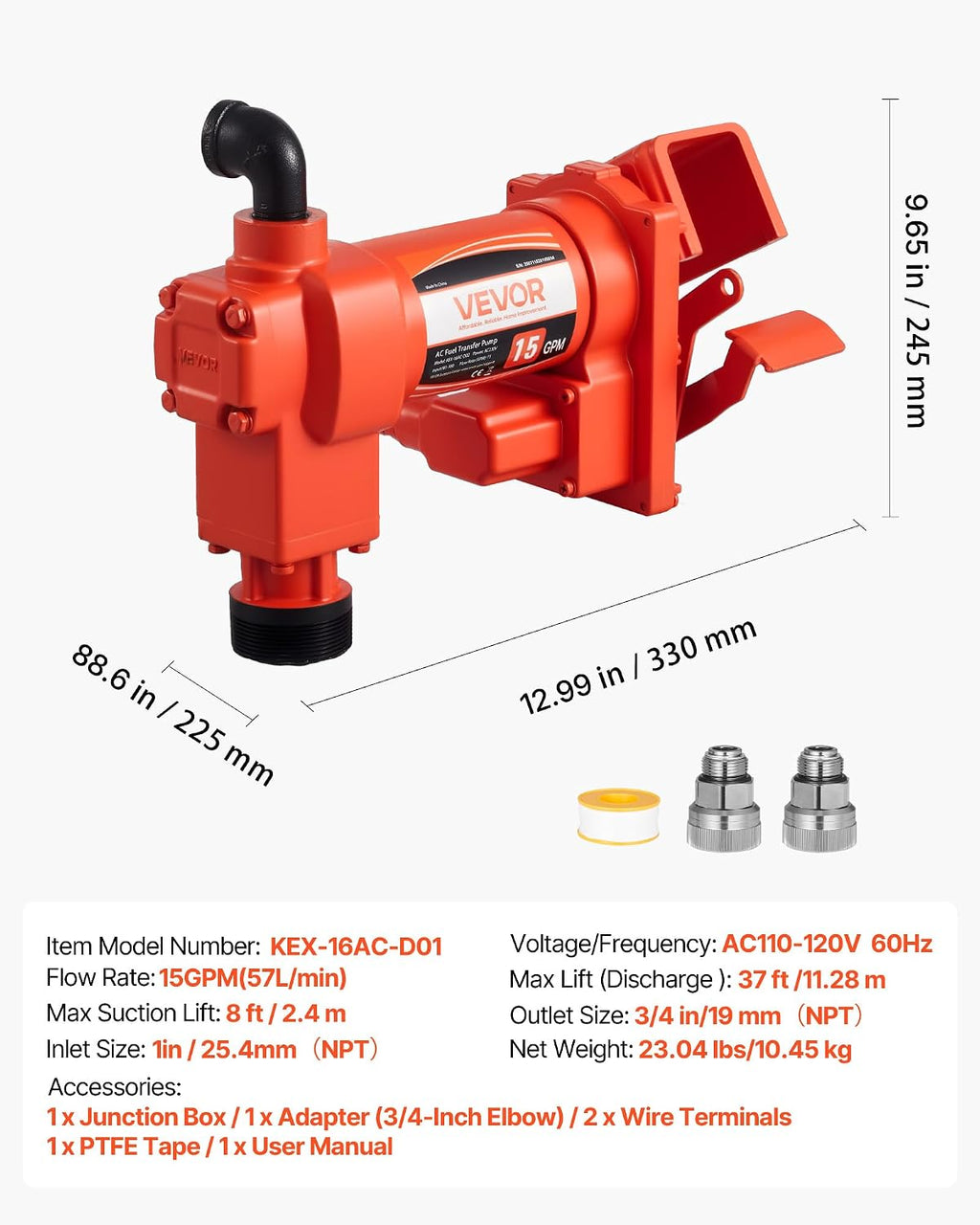 VEVOR Fuel Transfer Pump 110V, 15 GPM 57 L/min, AC Electric Oil Transfer Pump, 8 ft/2.4 m Max Suction Lift, 37 ft/11.28 m Max Lift, Overheat Protection, for Gasoline Diesel Kerosene Biodiesel Ethanol