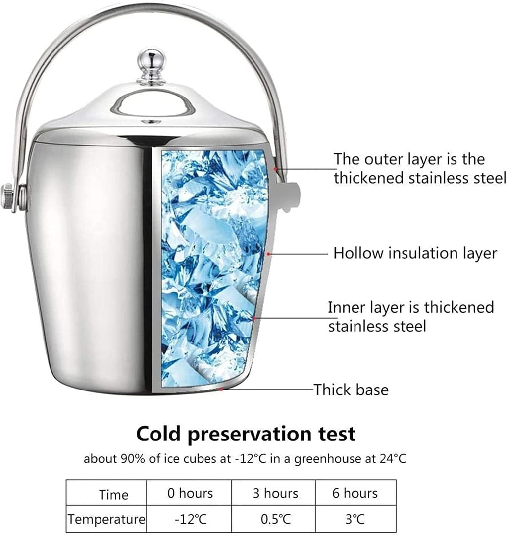BTZHY Ice Bucket,Wine Glass 1.2/2L Stainless Steel Portable 6-Hour Double-Layer Insulated Freezer with Lid for Parties Barbecues Buffets