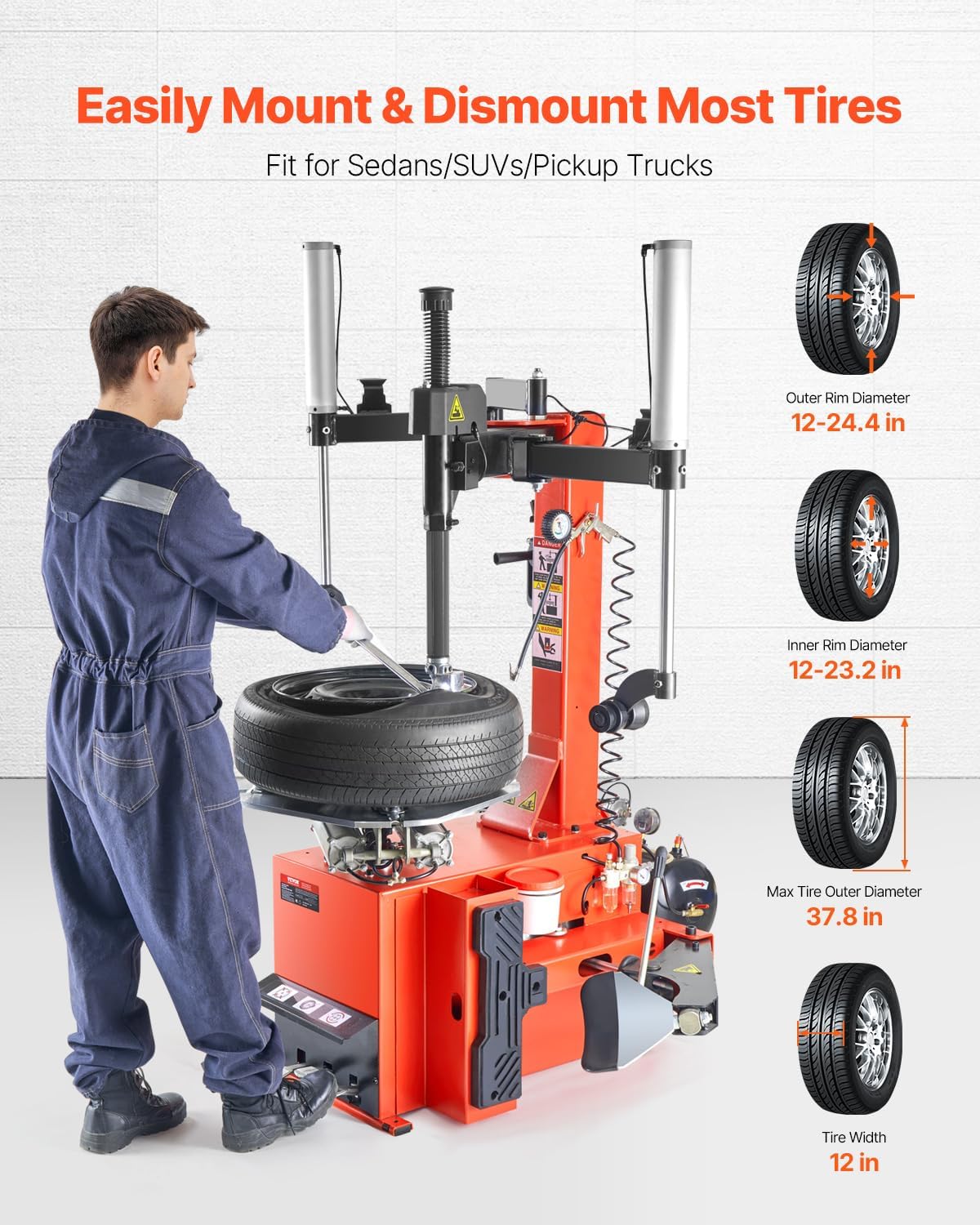 VEVOR Tire Changer Machine, 2.0HP Copper Motor, Durable Tire Changer with Air Pressure Gauge & Pneumatic Assist Arm, Pedal Operated Tire Changer with Thickened Chuck, Fit for Sedan/SUV/Pickup Truck