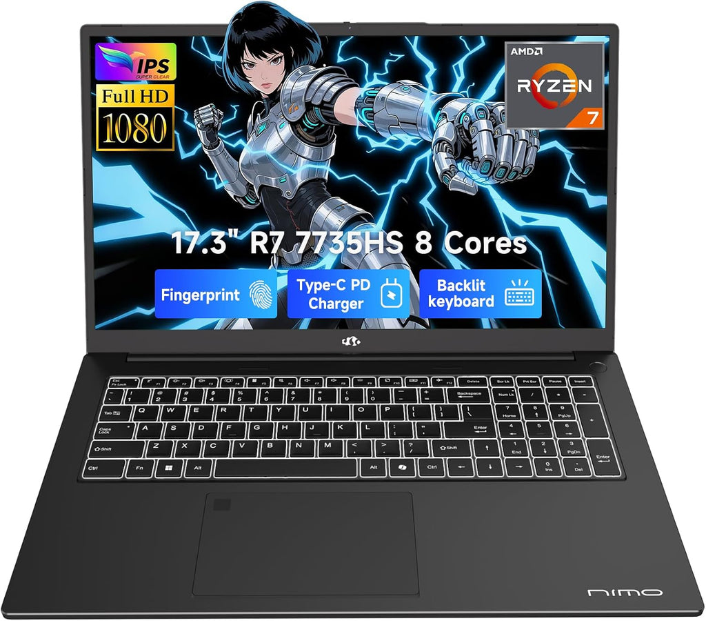 NIMO 17.3' Gaming-Laptop, AMD Ryzen 7 7735HS (8C/16T, Beats i7-12650H) 32GB DDR5 RAM 1TB SSD Computer with Radeon 680M, 100W Type-C Charger, Wi-Fi 6E, 58Wh Battery, Fingerprint, Backlit Keyboard