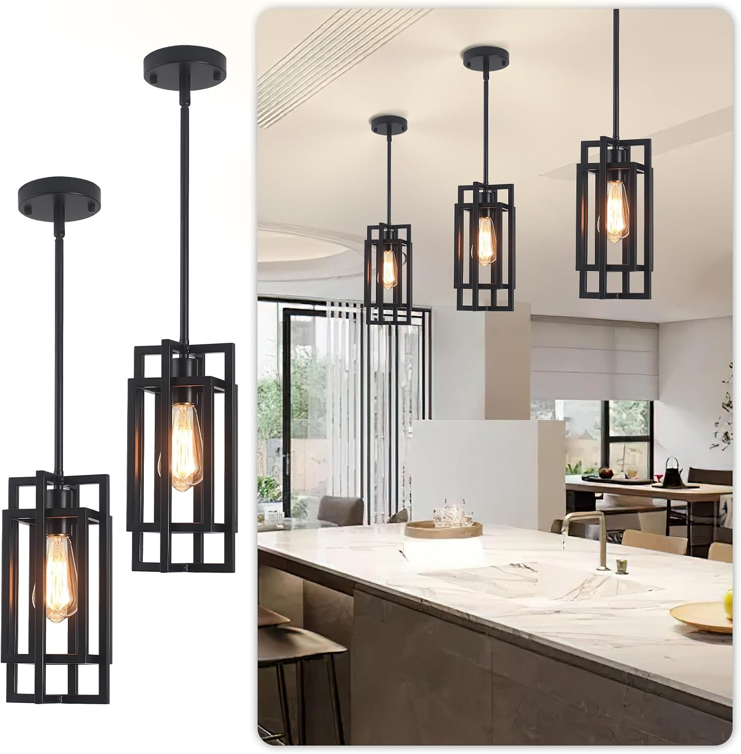 Farmhouse Pendant Light Fixtures 2 Pack 1 Light, Cage Black Finish Modern Pendant Lights with Max 59'' Adjustable, Small Square Pendant Ceiling Hanging Light for Kitchen Island Dining Room Entryway