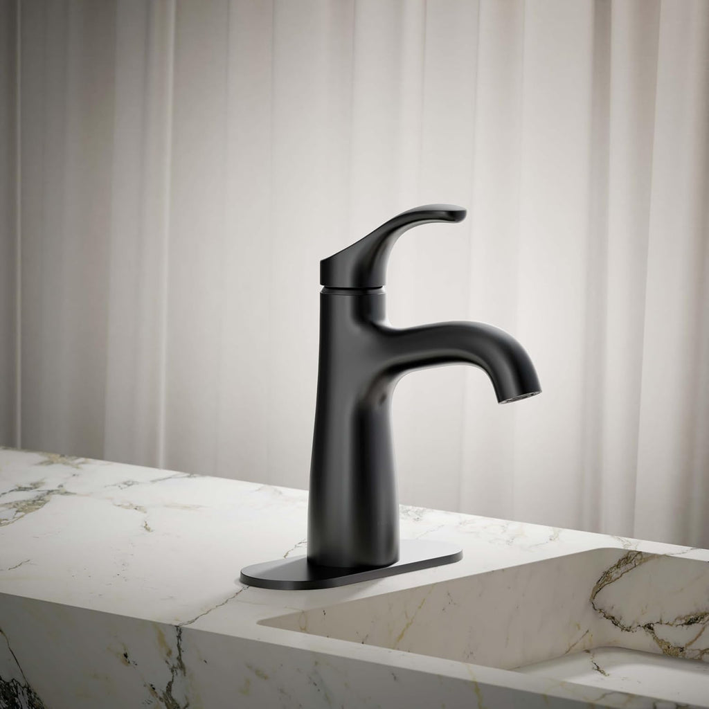 Kohler 27389-4N-BL Simplice Bathroom Sink Faucet, 1 Hole, Single-Handle Bathroom Faucets with Clicker Drain, 0.5 gpm, Matte Black