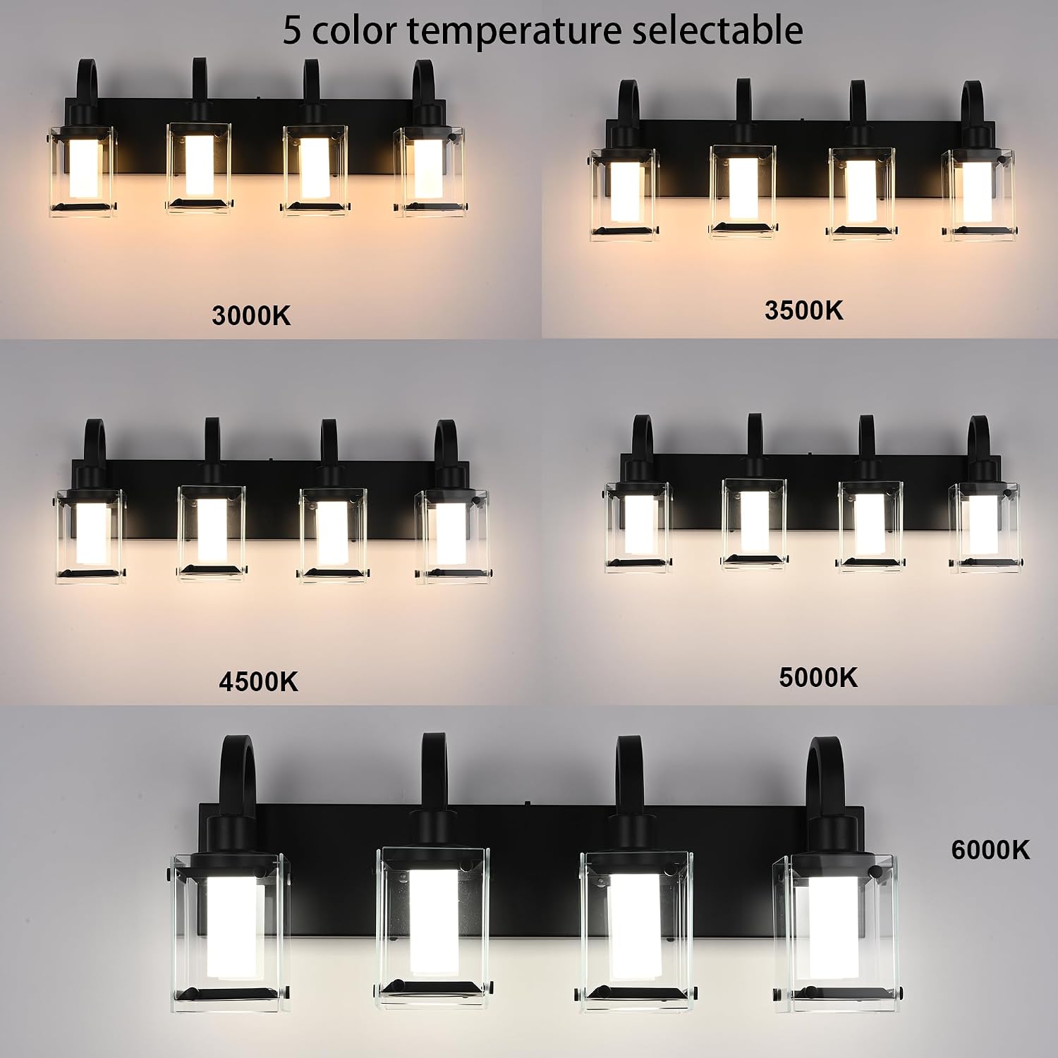 LED Modern Bathroom Vanity Lights, 4 Lights Black Bathroom Light Fixtures for Dressing Room, Integrated LED Chips, Frosted Column with Clear Square Glass Shade, Energy Saving Wall Sconce
