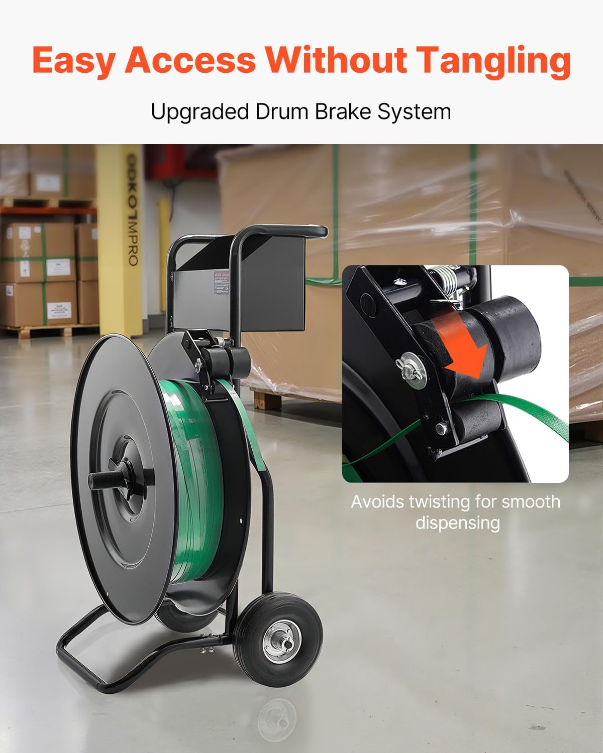 VEVOR Banding Strapping Cart, for PET/PP Coils with 8' or 16' Core, Heavy Duty Strapping Dispenser with Upgrade Drum Brake System, Rubber Wheels and Built-in Spacious Tool Tray, 110 lbs Capacity