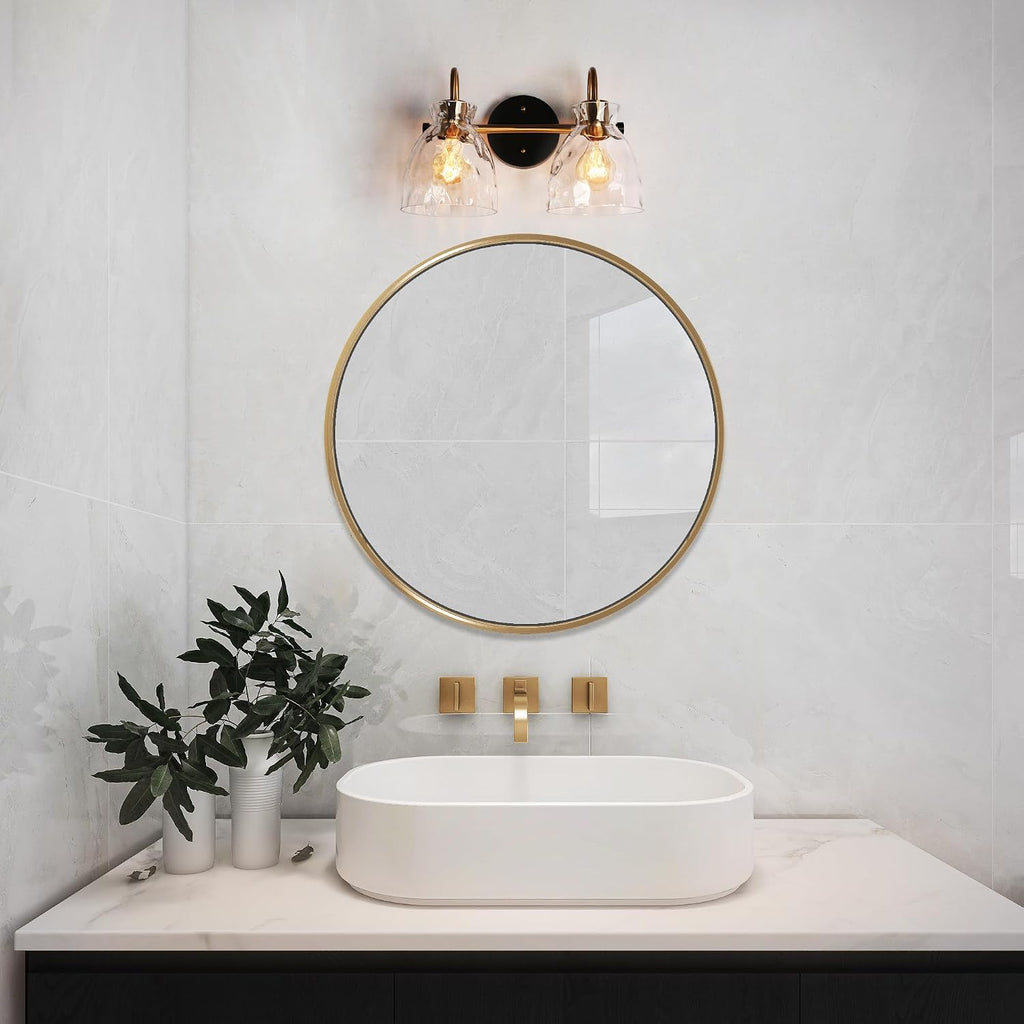 KSANA Modern Bathroom Vanity Lights, 2 Light Vanity Light Fixtures for Bathroom Black and Electroplated Brass Finish Mid-Century Wall Lamps with Water Ripple Glass