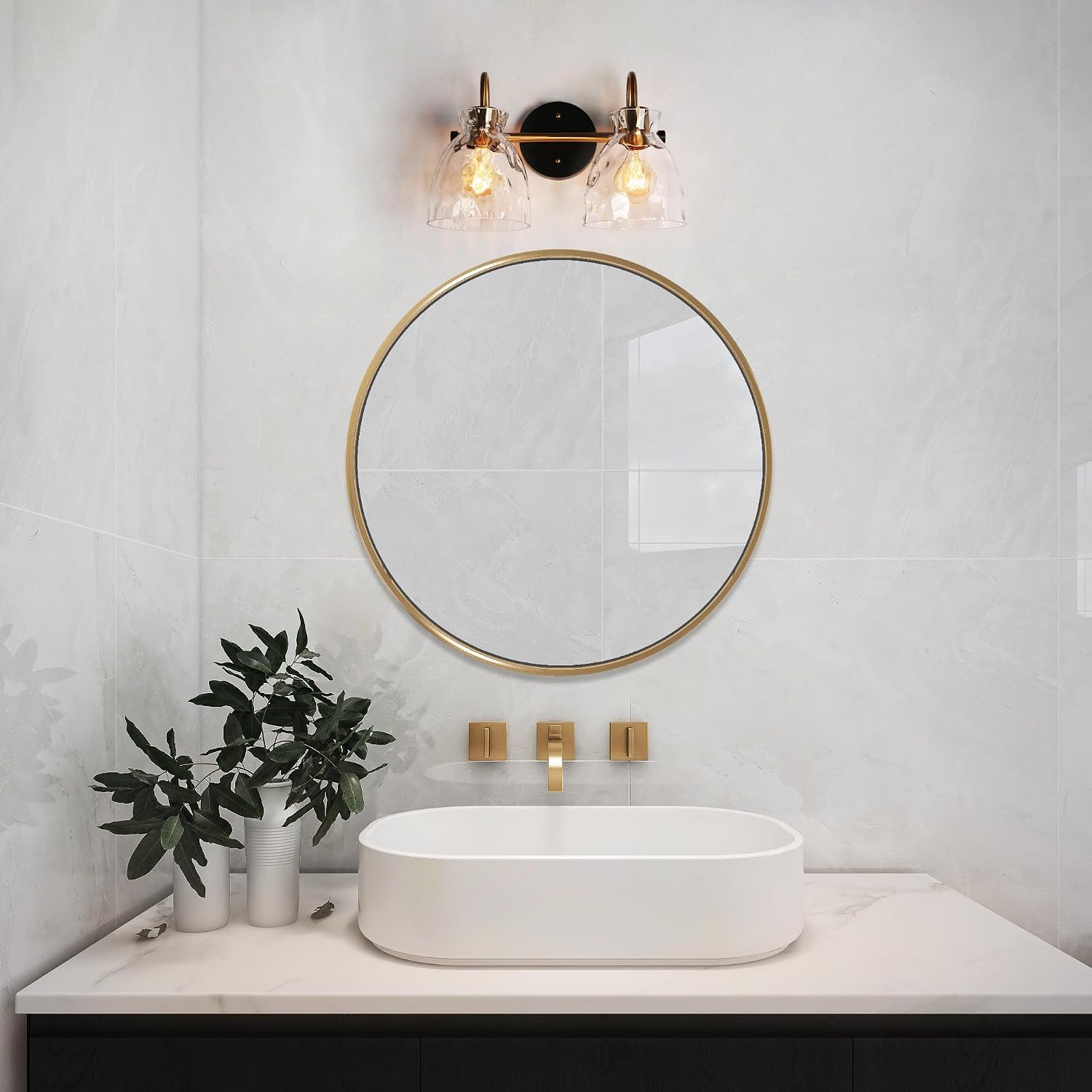 KSANA Modern Bathroom Vanity Lights, 2 Light Vanity Light Fixtures for Bathroom Black and Electroplated Brass Finish Mid-Century Wall Lamps with Water Ripple Glass