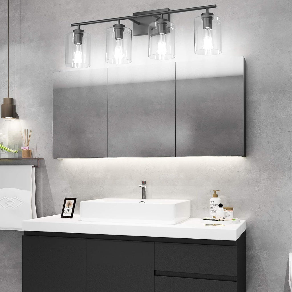 Aipsun 4 Lights Black Bathroom Vanity Light Over Mirror with Clear Glass Shades Industrial Bathroom Light Fixtures (Exclude Bulb)