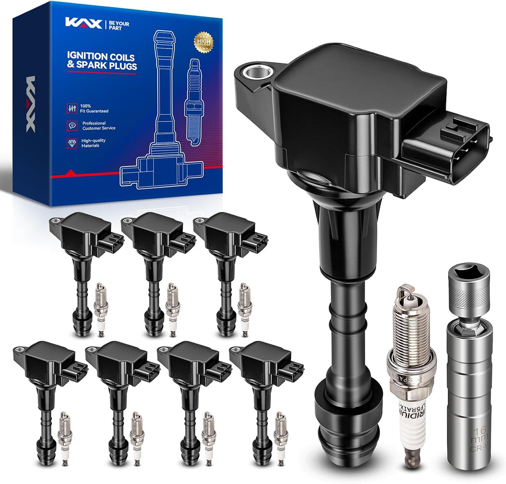 KAX Set of 8 Ignition Coil Pack & Iridium Spark Plugs w/Magnetic Socket for Nissan TITAN 2008-2015, Armada 2007-2015, INF QX56 2007-2010, NV3500/NV2500 2012-2015 5.6L, Pathfinder 2008-2012 5.6L UF551