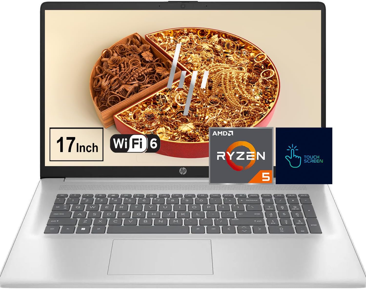 HP 17.3 Inch HD+ Touchscreen Business Laptop Computer, Backlit Keyboard, AMD 6-Core Ryzen 5 CPU (Up to 4.50GHz), 64GB RAM, 1TB SSD, AMD Radeon Graphics, WiFi 6, Bluetooth 5.3, Webcam, Anti-Glare