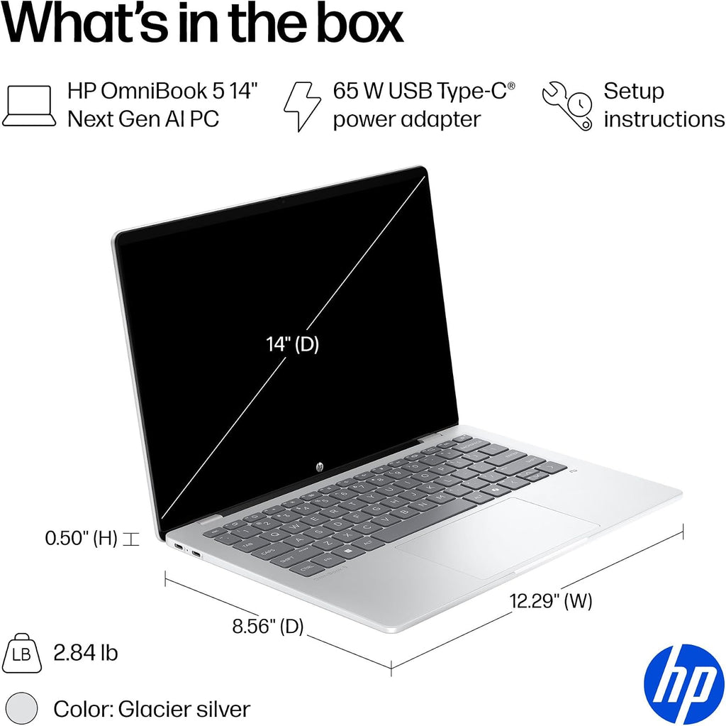 HP OmniBook 5 14 inch Next Gen AI PC, 2K Touchscreen, Snapdragon X Plus X1P- 42-100, 16 GB RAM, 512 GB SSD, Qualcomm Adreno GPU, Windows 11 Home, Copilot+ PC, Glacier Silver, 14-he0000nr