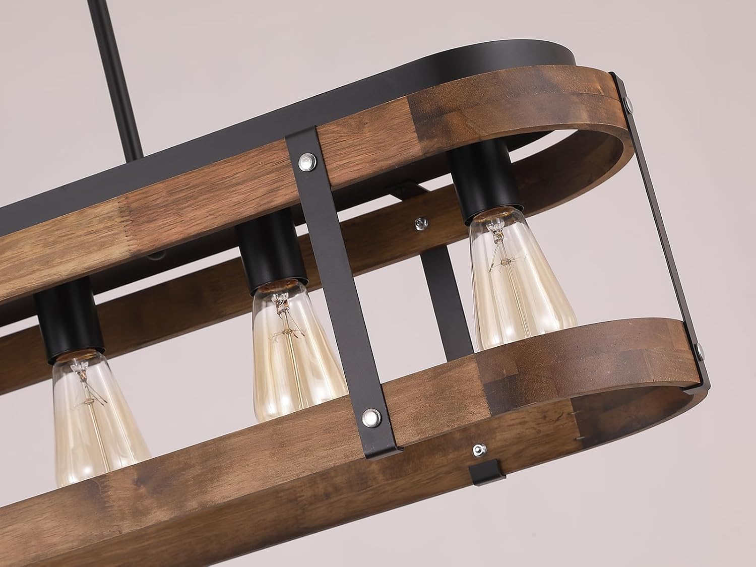 Rustic Farmhouse Wood Kitchen Island Lighting, 5 Lights Rectangular Pendant Light Fixture, Adjustable Rods Oak Wood and Metal Linear Chandelier for Kitchen Island Farmhouse Dining Room, Black