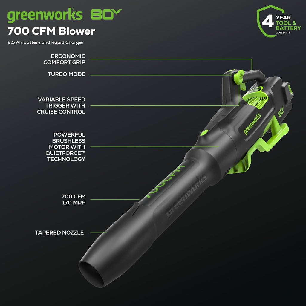 Greenworks 80V (700 CFM / 170 MPH) Brushless Cordless Leaf Blower (Turbo Button, Cruise Control, 26 CC Gas Equivalent), 2.5Ah Battery (200 Wh Max) + Rapid Charger