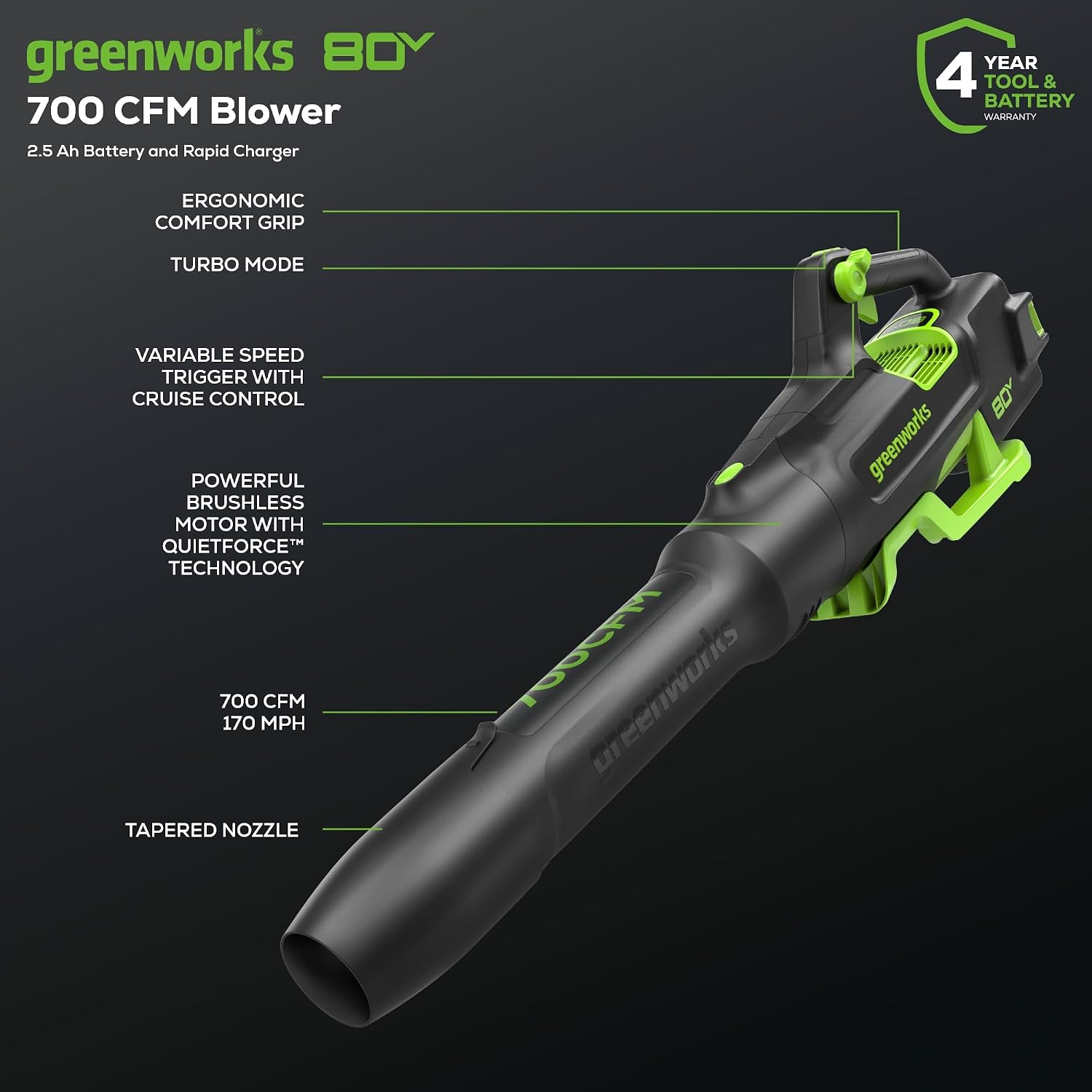 Greenworks 80V (700 CFM / 170 MPH) Brushless Cordless Leaf Blower (Turbo Button, Cruise Control, 26 CC Gas Equivalent), 2.5Ah Battery (200 Wh Max) + Rapid Charger