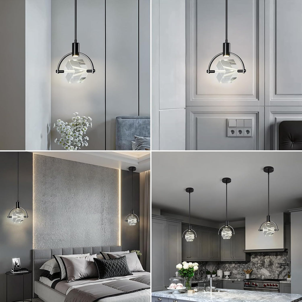 Pendant Ceiling Light Fixture for Kitchen Island, Modern Mini Integrated LED Hanging Light, Crystal Pendant Light in Black, Bedroom, Dining Room, Bar (1-Lights)
