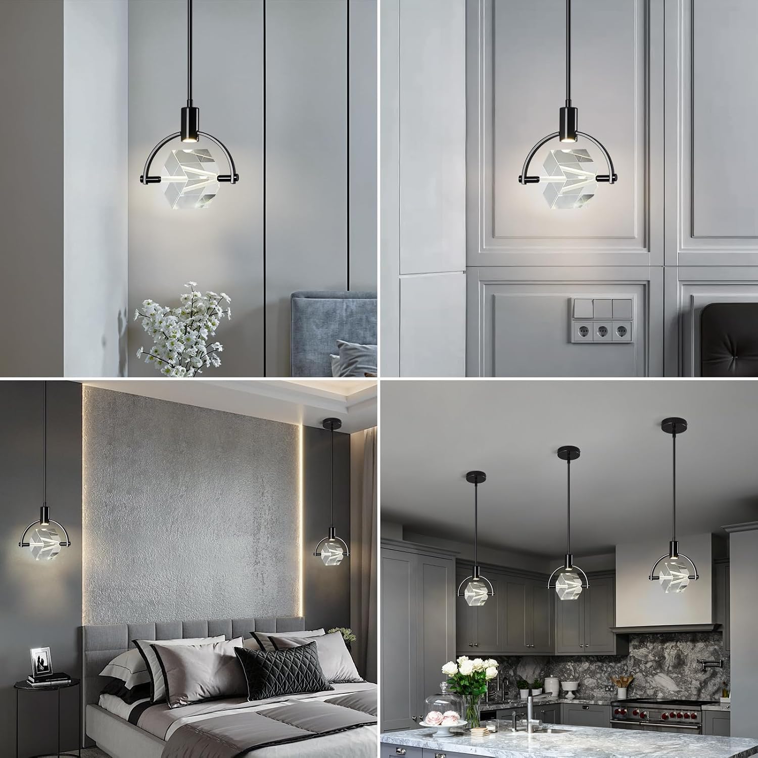 Pendant Ceiling Light Fixture for Kitchen Island, Modern Mini Integrated LED Hanging Light, Crystal Pendant Light in Black, Bedroom, Dining Room, Bar (1-Lights)