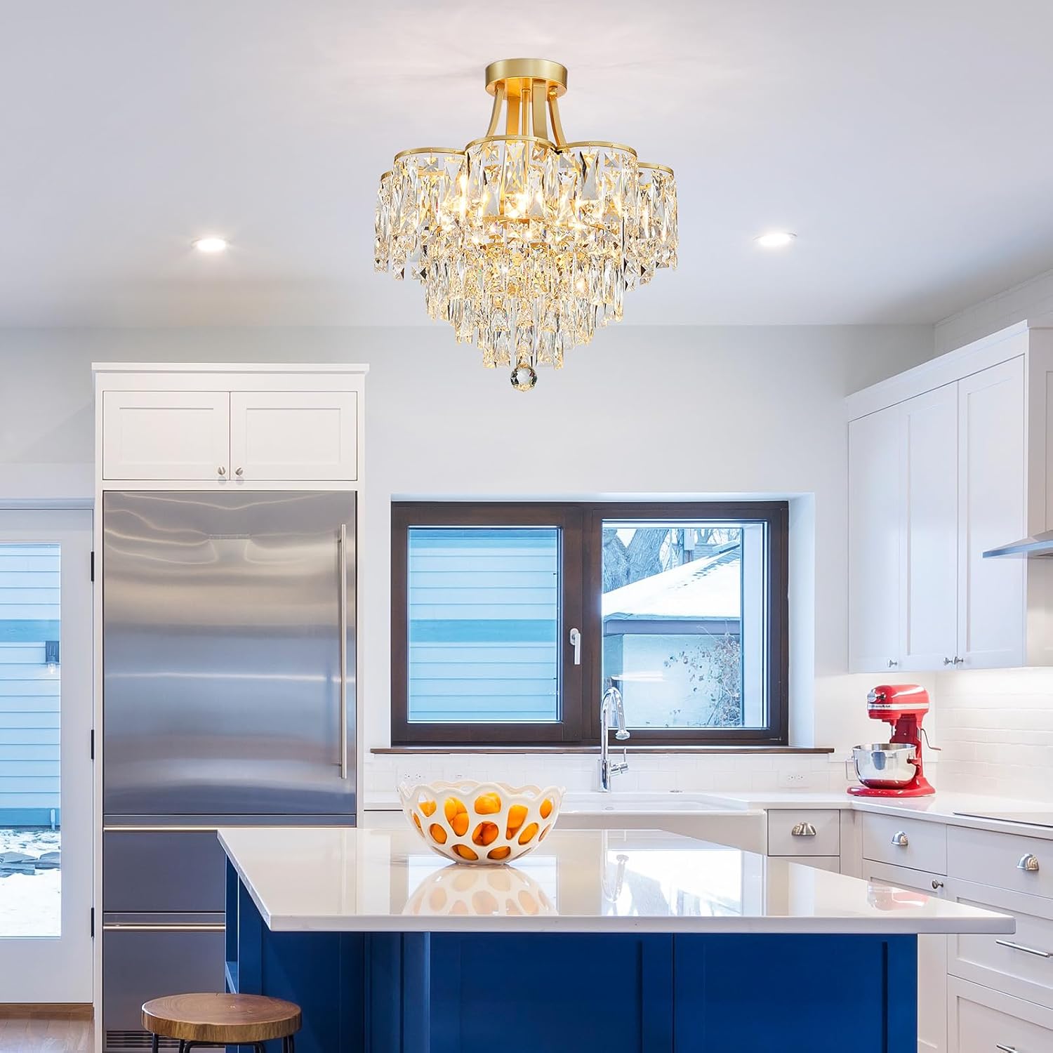 WUZUPS Crystal Chandelier Semi-Flushmount Ceiling Light Modern Lighting Fixture for Bedroom Hallway Entry Kitchen Bathroom, H 19.3' x W 18.3', E12 Base, Gold