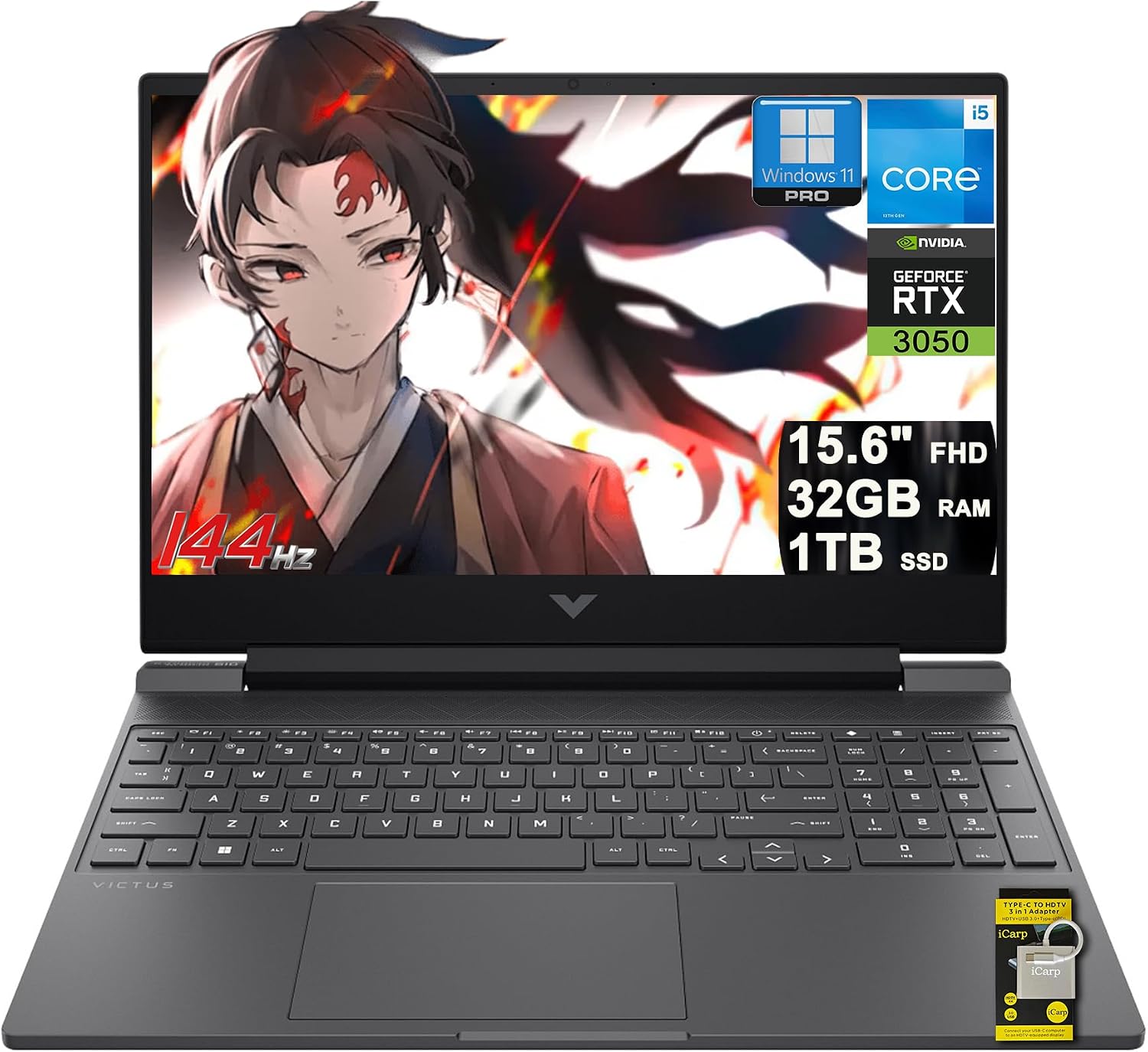 HP Victus 15 Gaming Laptop 15.6' FHD IPS 144Hz Intel 8-core i5-13420H (>i7-12650H) 32GB DDR4 1TB SSD GeForce RTX 3050 Backlit USB-C DTS:X Ultra Wi-Fi6 Win11Pro ICP Hub