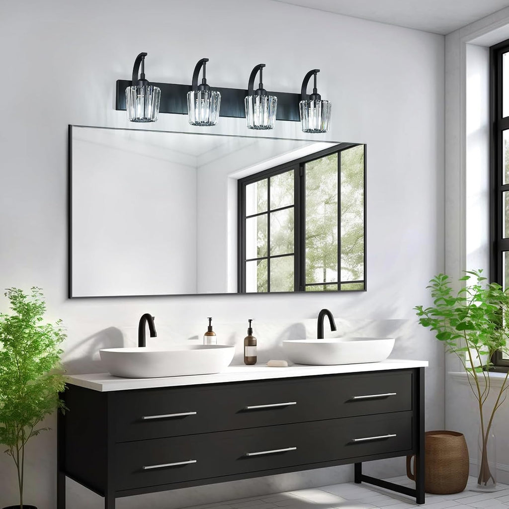 Modern Bathroom Vanity Light, 4-Light Black Wall Sconce with Crystal Accents, Over Mirror Bathroom Lighting Fixture, 32.67' Long Dimmable Vanity Lamp for Makeup, Easy Installation