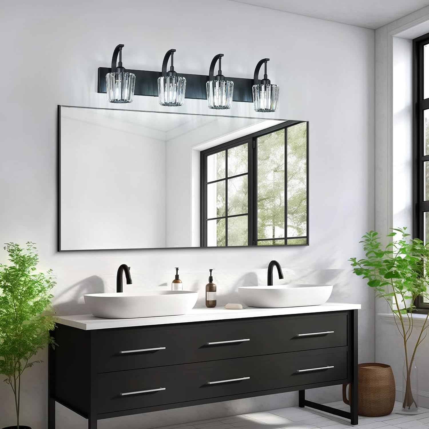 Modern Bathroom Vanity Light, 4-Light Black Wall Sconce with Crystal Accents, Over Mirror Bathroom Lighting Fixture, 32.67' Long Dimmable Vanity Lamp for Makeup, Easy Installation