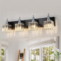 Black Chrome Bathroom Vanity Lights, Modern 4 Lights Crystal Bathroom Lighting Fixtures Over Mirror Crystal Wall Light with Square Shade