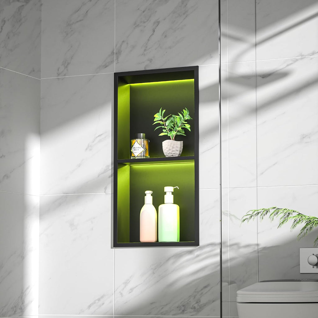 Led Shower Niche with RGB Light 24' X 12' Matte Black 304 Stainless Steel Shower Niche with 2-Tiers Shelves Waterproof No Tile Needed Recessed Niches Shower for Bathroom Storage