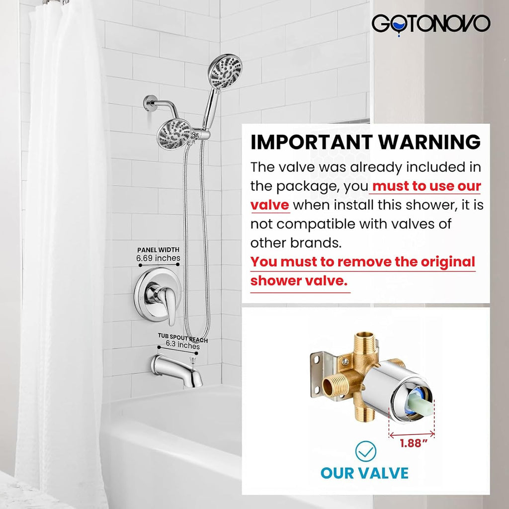 gotonovo Tub Shower Faucet Set Bathroom Shower Head Kit High Pressure Bathtub Shower Faucet 6 Modes ABS Handheld Spray Valve and Shower Trim Kit Shower Head and Handle Set Polished Chrome