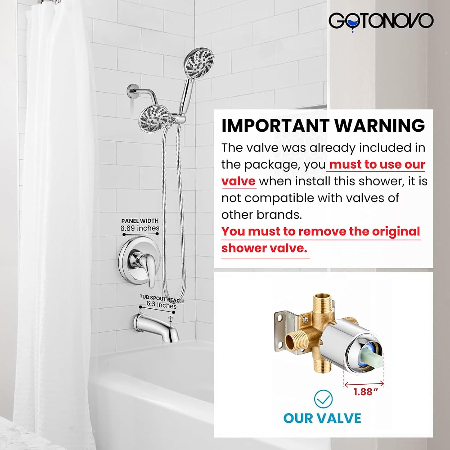 gotonovo Tub Shower Faucet Set Bathroom Shower Head Kit High Pressure Bathtub Shower Faucet 6 Modes ABS Handheld Spray Valve and Shower Trim Kit Shower Head and Handle Set Polished Chrome