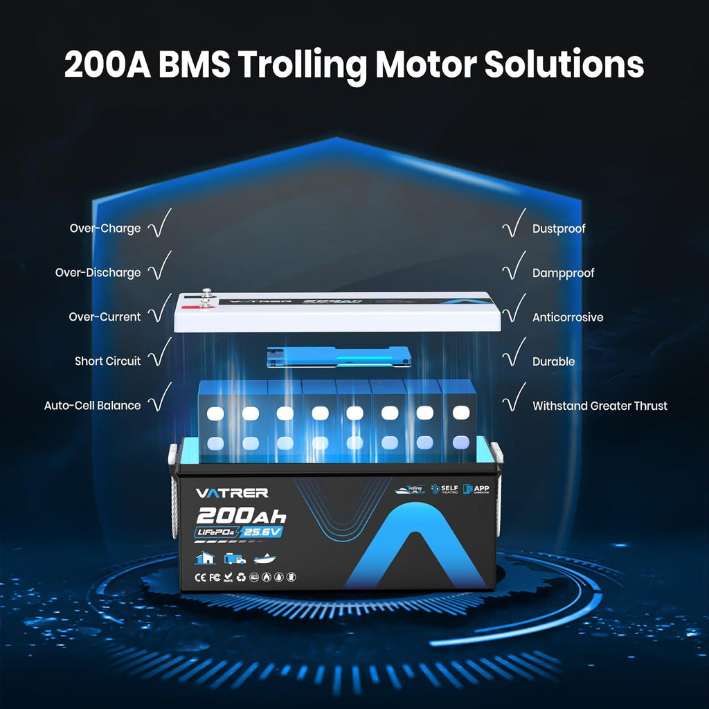 24V 200AH Self-Heating Trolling Motor LiFePO4 Lithium Battery, VATRER POWER Deep Cycle LiFePO4 Battery with 5120W Built-in 200A BMS for Trolling Motors, Marine, RV, Off-Grid Applications