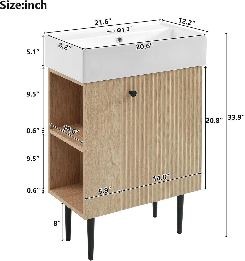 Merax 20 Inch Bathroom Vanity with Sink, Narrow Depth Bathroom Vanities,Wood Vanity Cabinet,Soft Closing Door,Freestanding Sink Cabinet W/Open Side Shelves, Oak